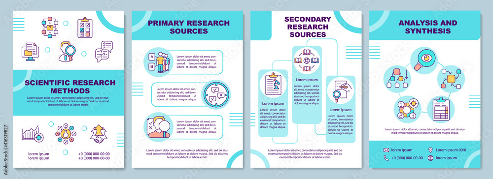 Scientific research methods brochure template. Primary research source. Flyer, booklet, leaflet print, cover design with linear icons. Vector layouts for magazines, annual reports, advertising posters