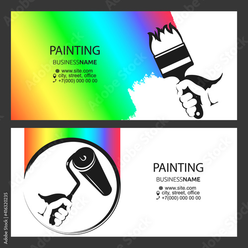 Paintbrush and roller in hand of painter business card