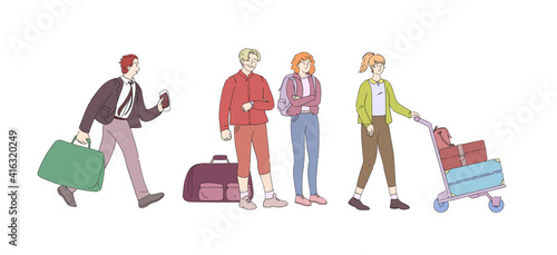 Tourists with luggage late for airplane. Airport departure area passenger together waiting in queue airport terminal.
