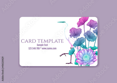 Plastic debit or credit, pass, discount, membership card template with tropical plants and birds in neon color on white background. Vector illustration.
