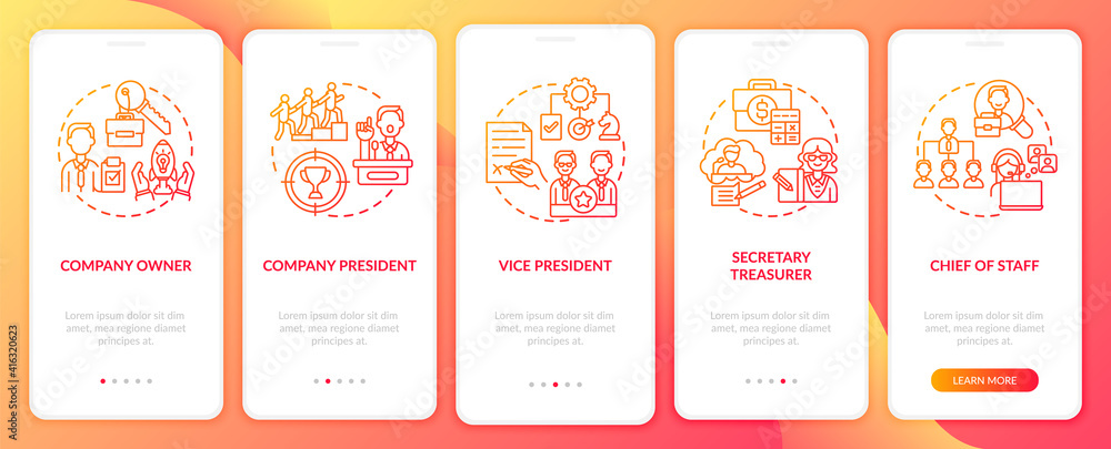 Company top management jobs onboarding mobile app page screen with concepts. Vice president walkthrough 5 steps graphic instructions. UI vector template with RGB color illustrations