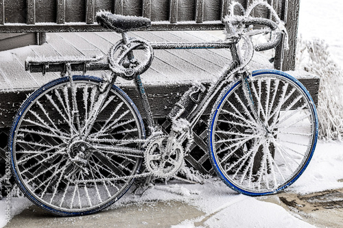 Frosty bicycle in winter