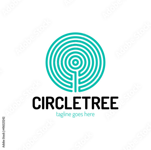 The cut of a tree in the circle shape and labyrinth logo template. For timber and woodworking companies. Creative and modern symbol for company identity