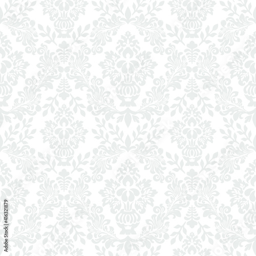Seamless floral background in Rococo style. Grey classic ornament, Wallpaper or fabric in vector
