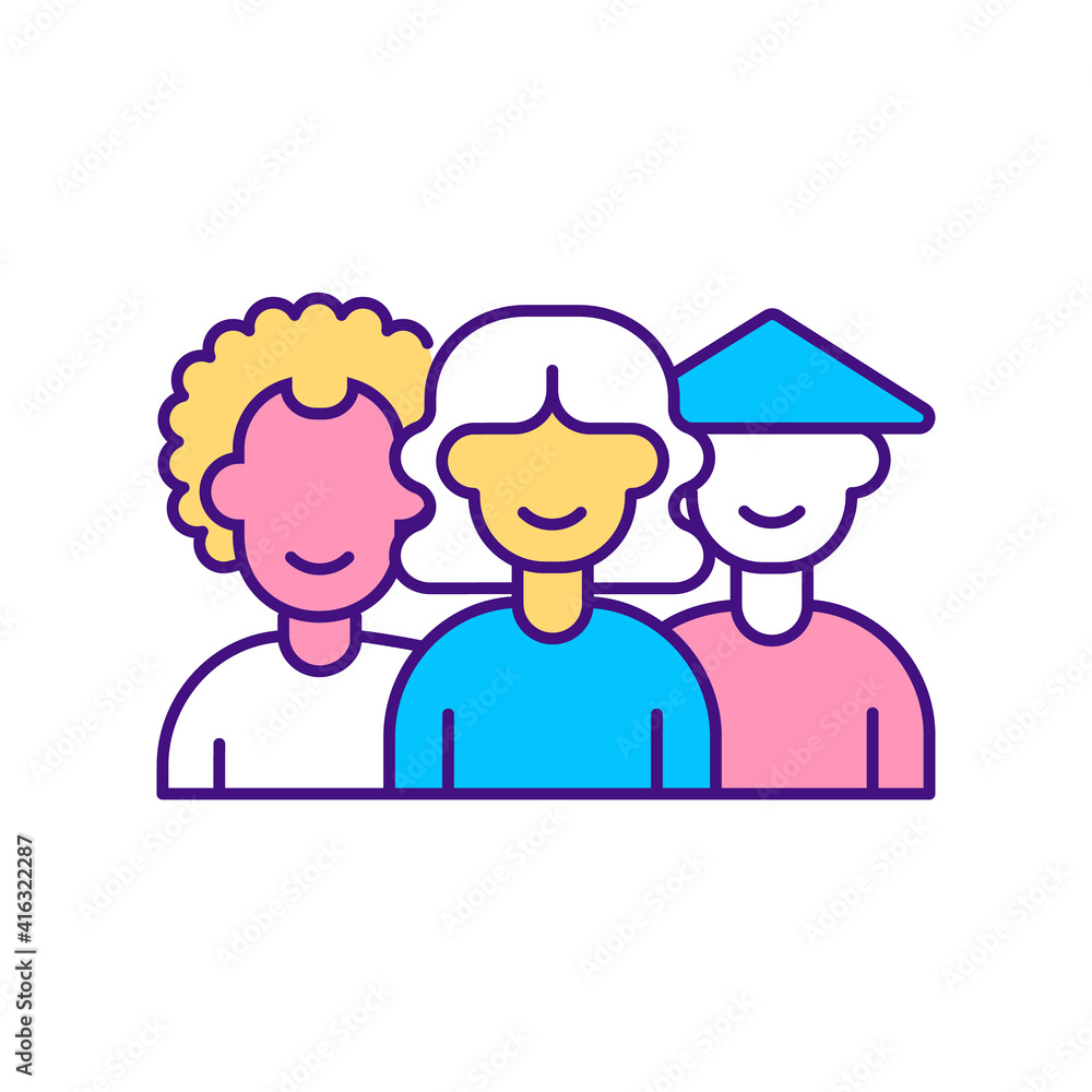 TMT diversity RGB color icon. Top management team analysis criteria. Company workers with various racial, ethnic and cultural. Giving people good workplace. Isolated vector illustration TMT diversity RGB color icon. Top management team analysis criteria. Company workers with various racial, ethnic and cultural. Giving people good workplace. Isolated vector illustration