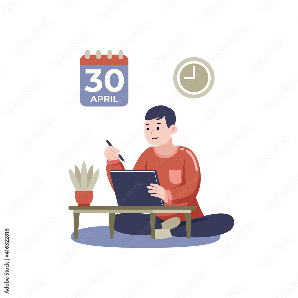 Man Working with Digital Tablet at Home. Vector Illustration with Flat Design.