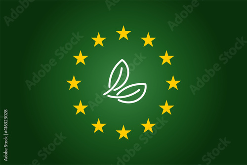 green leaf and Europe Union- EU flag background. Vector ecology concept