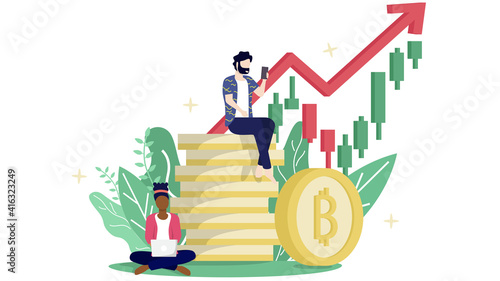 Bitcoin Blockchain cryptocurrency concept. Group of people work with golden coin of cryptocurrency in minimal design with  background of tree leaves. Minima investments for bitcoin and blockchain tech
