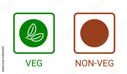 Veg, non-veg - Vegetarian and non-vegetarian marks in India, Sri Lanka, Pakistan. Green sign for packaged food and toothpaste products. Food icon symbol