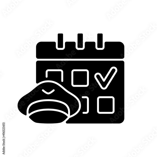 Crew scheduling black glyph icon. Civil aviation industry. High quality education. Airlines work. Pilots and flight attendants. Silhouette symbol on white space. Vector isolated illustration