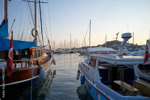 Yachts and boats in harbor at Mediterranean sea. Beautiful sea port with assorted of boats. Bodrum, Turkey.