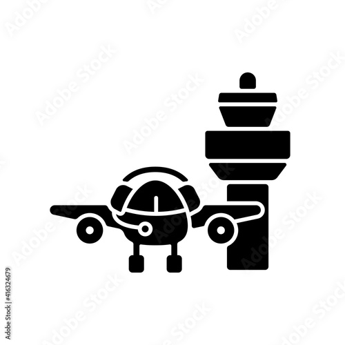 Flight dispatch black glyph icon. Air traffic control tower. Light aircraft. Controller pilot communication. Safety flight. Silhouette symbol on white space. Vector isolated illustration