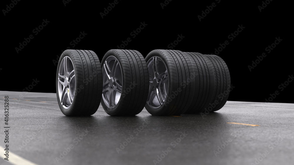 3d render car tires rolling on wet asphalton a black background 3d render car tires rolling on wet asphalton a black background