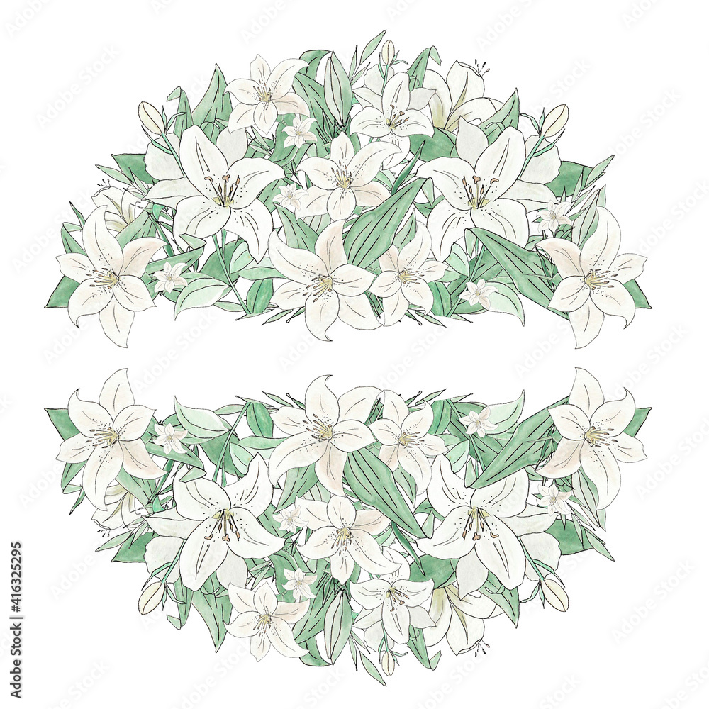 Floral circle ornament of white lilies and green leaves Floral circle ornament of white lilies and green leaves