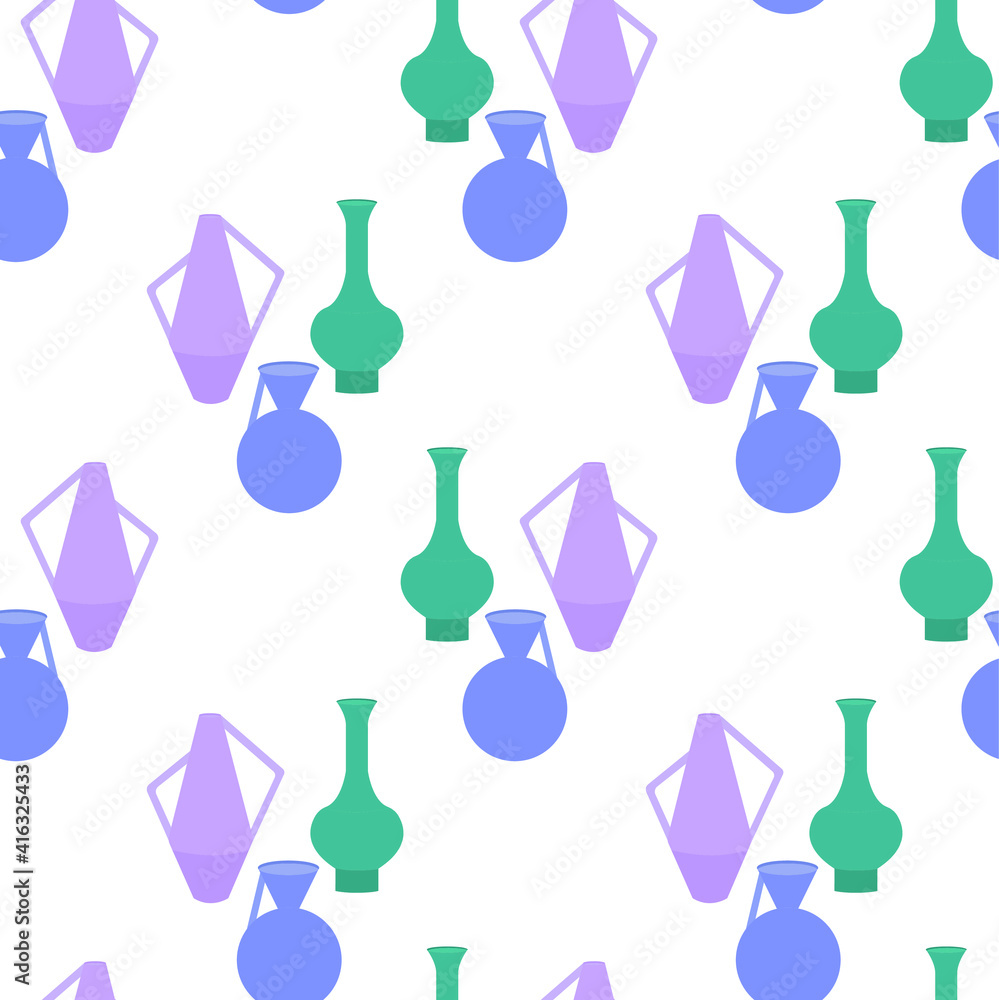 Seamless rattern from vases. Vector flat illustration. Vases in light colors on a transparent background. Design for cards, posters, t-shirts, textiles, backgrounds, menus. Seamless rattern from vases. Vector flat illustration. Vases in light colors on a transparent background. Design for cards, posters, t-shirts, textiles, backgrounds, menus.