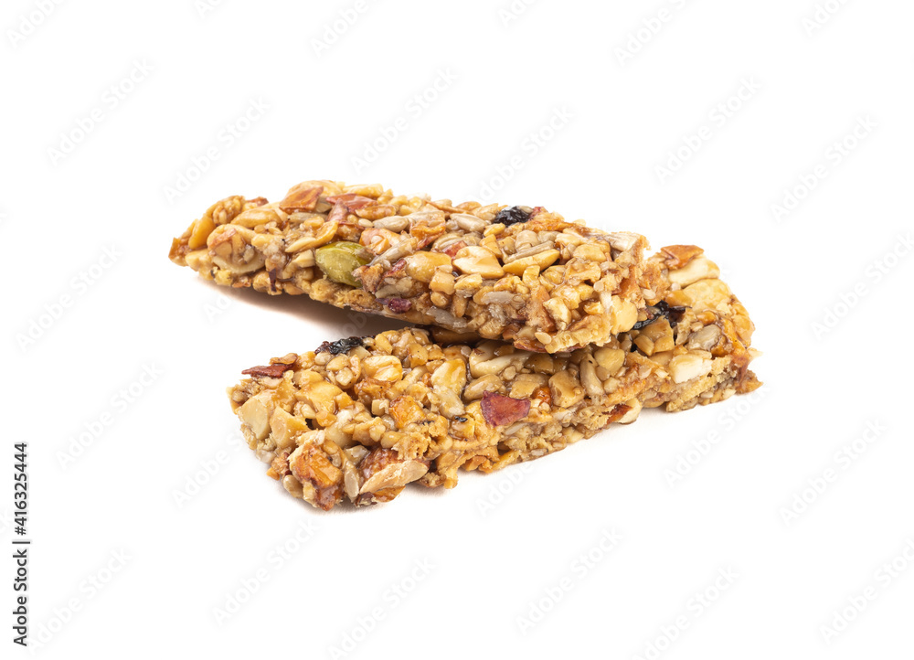 Two cereal bars isolated over white background Two cereal bars isolated over white background
