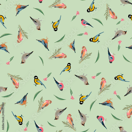 Light green background with various colorful birds and green leaves. Seamless pattern. Watercolor.