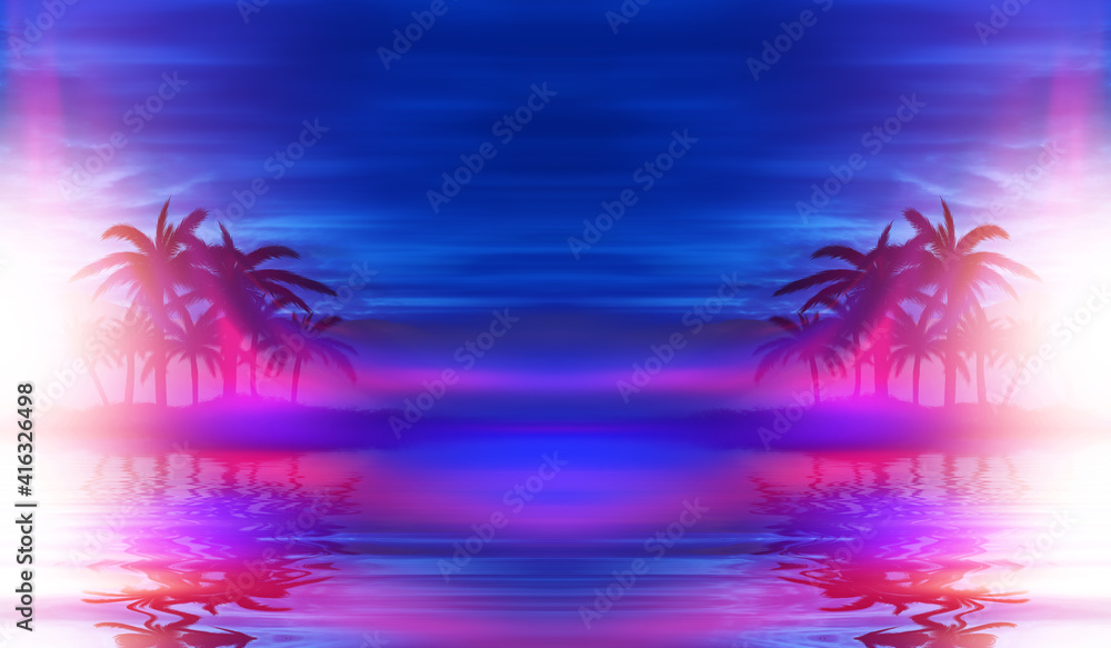 Beach party empty scene background. Tropical palms against a background of mountains, water reflection, neon lighting, laser show. 3d illustration