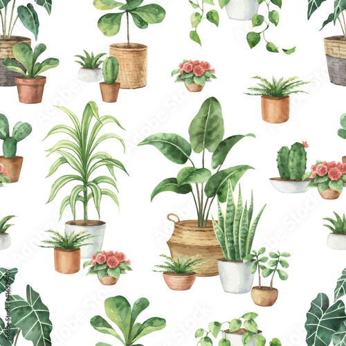 Watercolor vector seamless pattern of indoor green plants in pots.