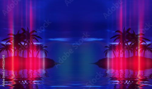 Beach party empty scene background. Tropical palms against a background of mountains  water reflection  neon lighting  laser show. 3d illustration