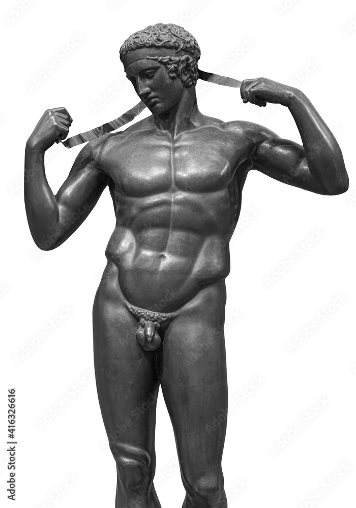 Ancient white marble full length sculpture of naked young man. Antique classic statue of youngster isolated on white. Stone figure of teenager Ancient white marble full length sculpture of naked young man. Antique classic statue of youngster isolated on white. Stone figure of teenager