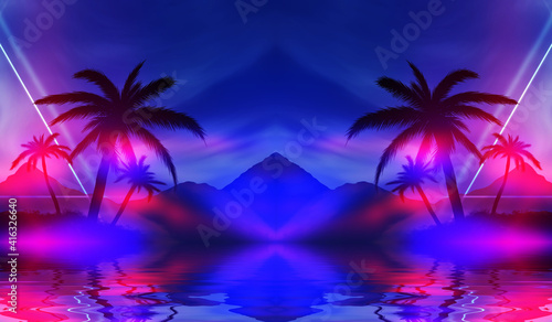 Abstract futuristic background. Silhouettes of palm trees on a t © Laura Сrazy