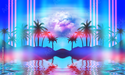 Abstract futuristic background. Silhouettes of palm trees on a tropical island are reflected on the water  neon shapes against the background of an ultraviolet cloud. Beach party. 3d illustration