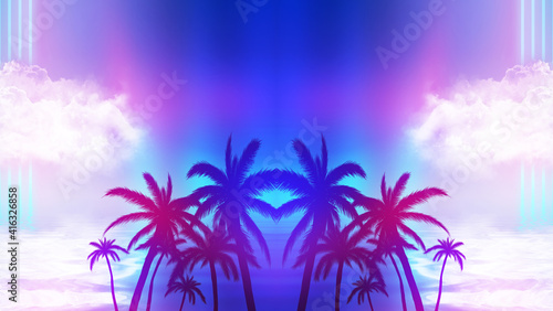 Abstract futuristic background. Silhouettes of palm trees on a tropical island are reflected on the water, neon shapes against the background of an ultraviolet cloud. Beach party. 3d illustration © Laura Сrazy