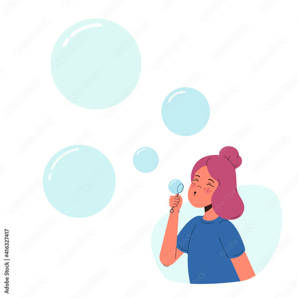Young girl blowing bubbles isolated on white background. Flat vector illustration. Young girl blowing bubbles isolated on white background. Flat vector illustration.