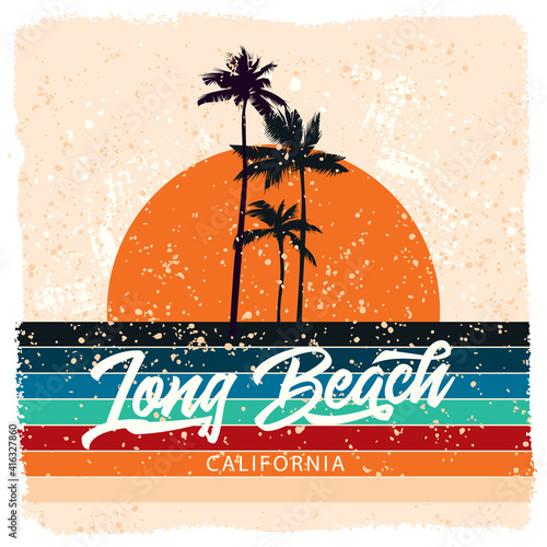 Original vector poster in vintage style. Palm trees on the background of the sun.