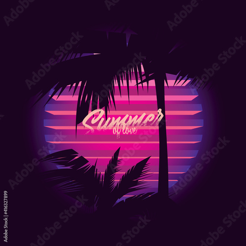 Original vector illustration in neon style. Palm trees on the background of a neon sunset in the retro style of the 80's.
