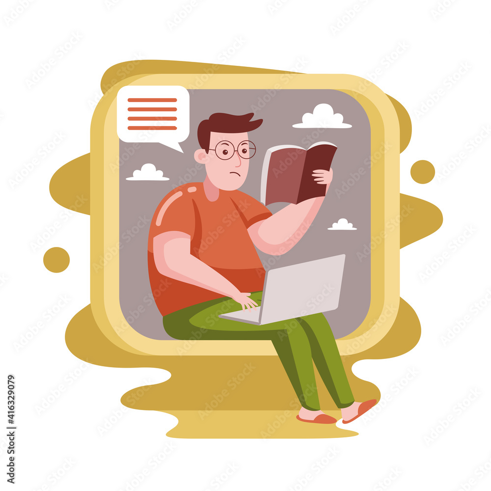 Man Working with Laptop at Home. Vector Illustration with Flat Design.