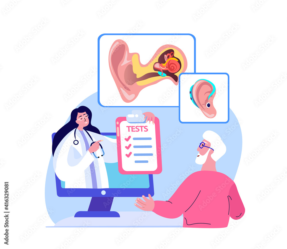 Online Audiologist ENT-Doctor Consultate Old Pensioner Man Patient.Deaf-Aid,Aerophone,Otitic Hearing Aid,Digital Eardrum Treatment.ORL Clinic. Internet Medical Hospital Diagnostics.Vector Illustration