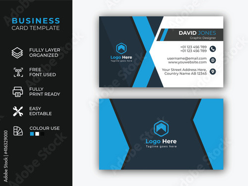 Creative And Clean Business Card Template For company Corporate Style Blue Or Black Colors.