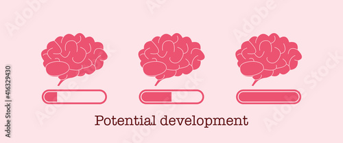 Potential development concept. Set of brain loading bar. Mind and knowledge boost. Progress of brain increase. Vector