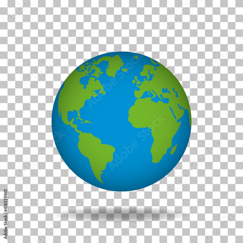 Earth globe with green continents and blue water. 3D world planet on transparent background. Spherical model of Earth