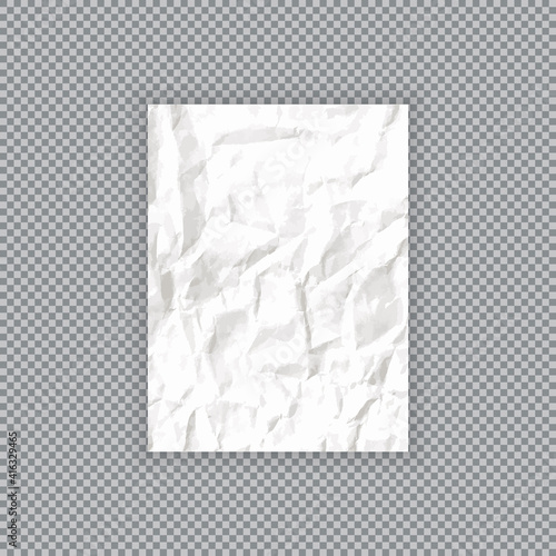 Realistic white rumpled paper sheet on transparent background. Texture of crumpled paper. Vector