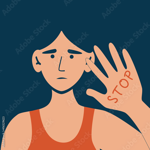 Stop domestic violence. Social issues, abuse and agression on women, harassment and bullying. Violence against woman. Flat illustration, isolated on a white background.