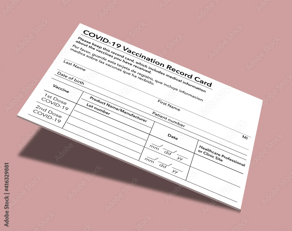 A Covid-19 Vaccination Record Card that is generic and filled out with John Q Public’s name is held by a hand in this 3-D illustration. A Covid-19 Vaccination Record Card that is generic and filled out with John Q Public’s name is held by a hand in this 3-D illustration.