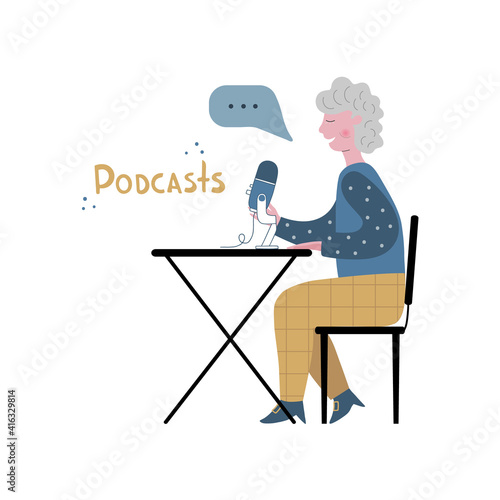 Active leisure of elderly on retirement. Senior woman records podcast, on air, offers advise. Concept wector illustration for article, web.