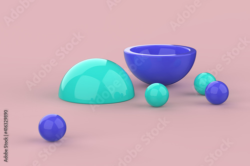Composition with spheres and hemispheres. 3D render of spherical geometric shapes