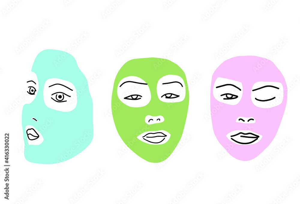 set of three faces with clay face mask. skin care. isolated white background. set of three faces with clay face mask. skin care. isolated white background.