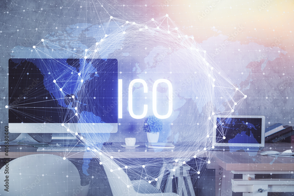 Double exposure of crypto technology theme drawing and office interior background. Concept of blockchain. Double exposure of crypto technology theme drawing and office interior background. Concept of blockchain.