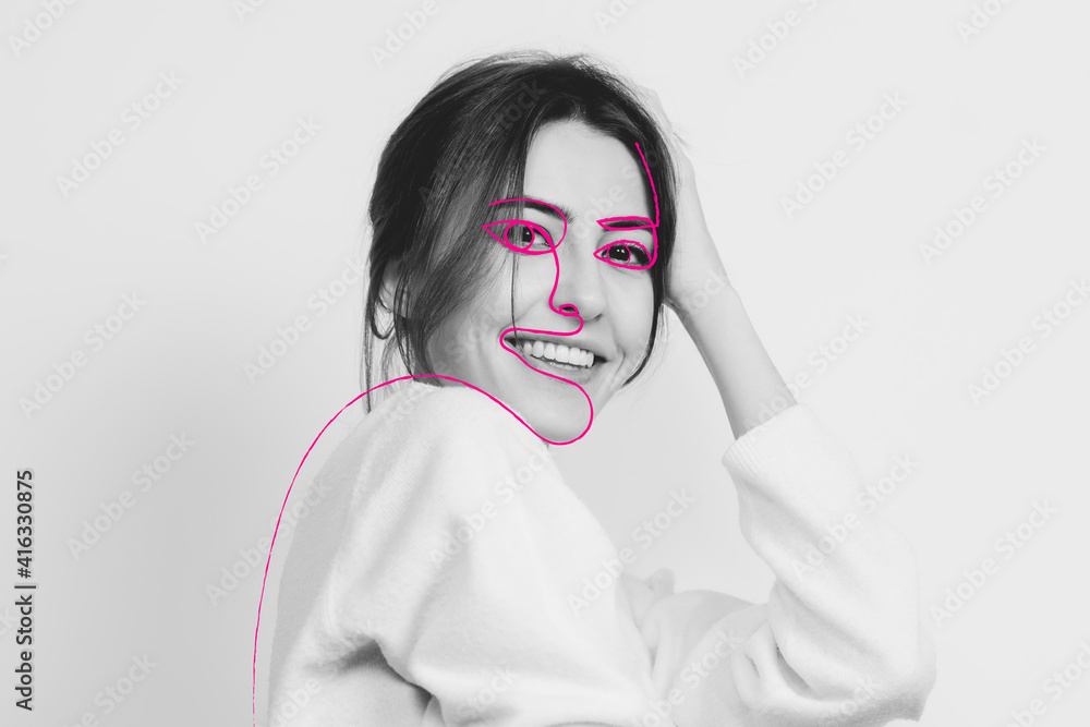 Art portrait of young woman, fashion model with abstract geometrical drawings by modern one line style technique. Contemporary art, beauty, colors, glamour, inspiration. New look of paintography. Art portrait of young woman, fashion model with abstract geometrical drawings by modern one line style technique. Contemporary art, beauty, colors, glamour, inspiration. New look of paintography.
