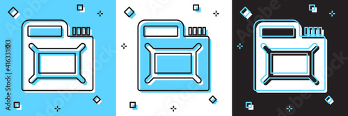 Set Canister for motor machine oil icon isolated on blue and white, black background. Oil gallon. Oil change service and repair. Engine oil sign. Vector.
