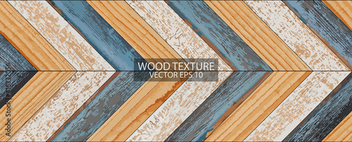 Weathered wood texture background, EPS 10 vector. Colorful parquet floor with chevron pattern. Painted wooden boards close-up.
