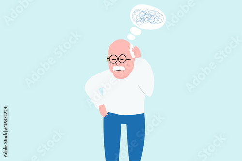 Elder grandparent has Alzheimer’s disease and looks sad. memory loss, and problem of concentration for elder people. male has dementia symptoms or mental health illness concept. Vector illustration.