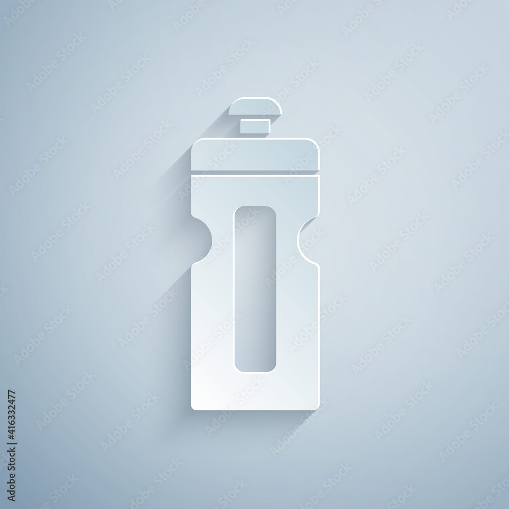 Paper cut Fitness shaker icon isolated on grey background. Sports shaker bottle with lid for water and protein cocktails. Paper art style. Vector. Paper cut Fitness shaker icon isolated on grey background. Sports shaker bottle with lid for water and protein cocktails. Paper art style. Vector.