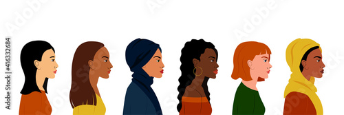 International Women's Day March 8. Portraits of women in profile of different nationalities and cultures. The concept of the women's empowerment movement. 