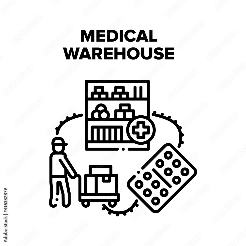 Medical Warehouse Storage Vector Icon Concept. Medical Warehouse Storaging Shelves And Worker Transportation And Carrying Medicaments On Cart. Medicine Drugs Package Black Illustration Medical Warehouse Storage Vector Icon Concept. Medical Warehouse Storaging Shelves And Worker Transportation And Carrying Medicaments On Cart. Medicine Drugs Package Black Illustration